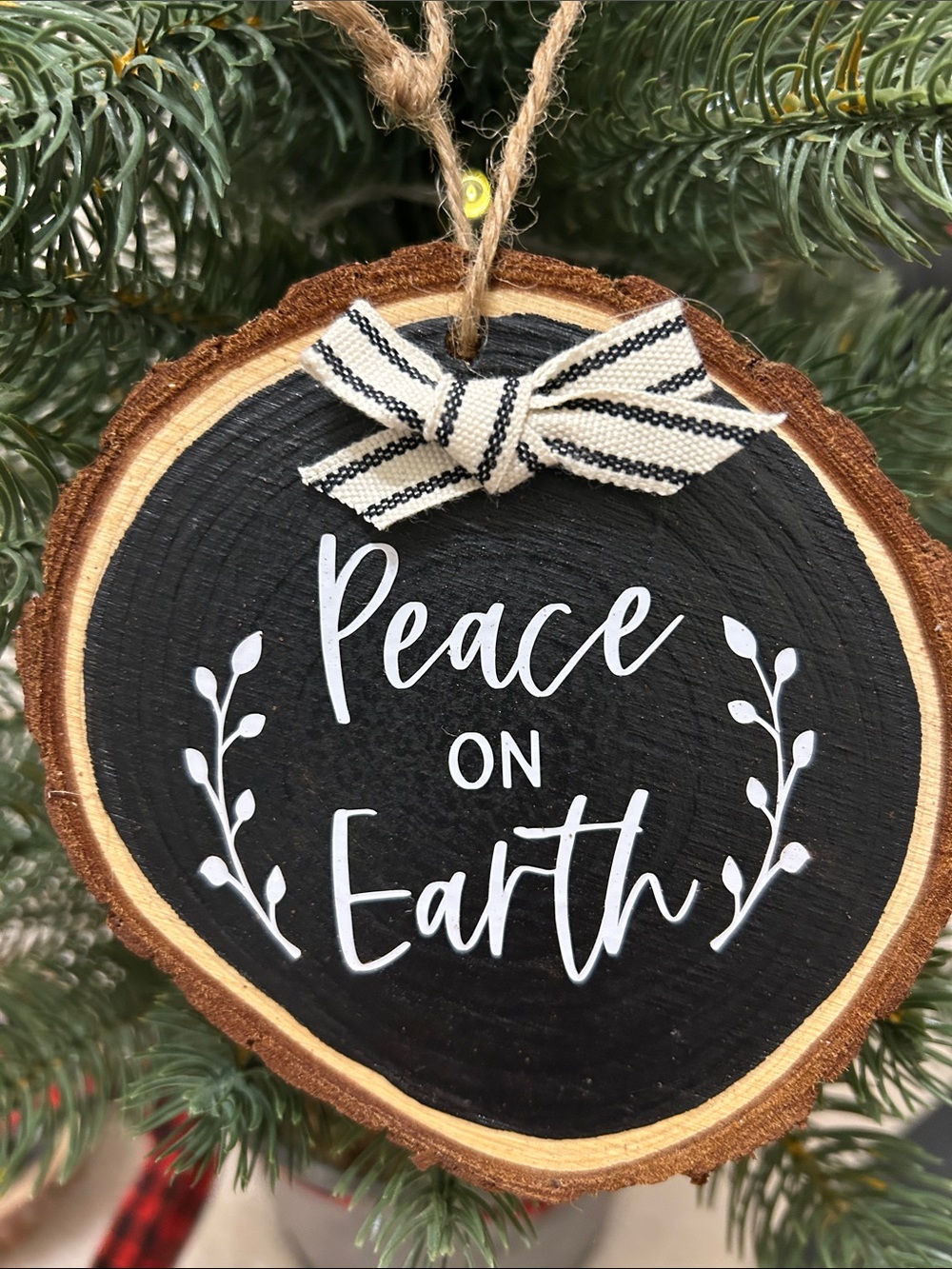 Peace on Earth Black Wood Slice Ornament by